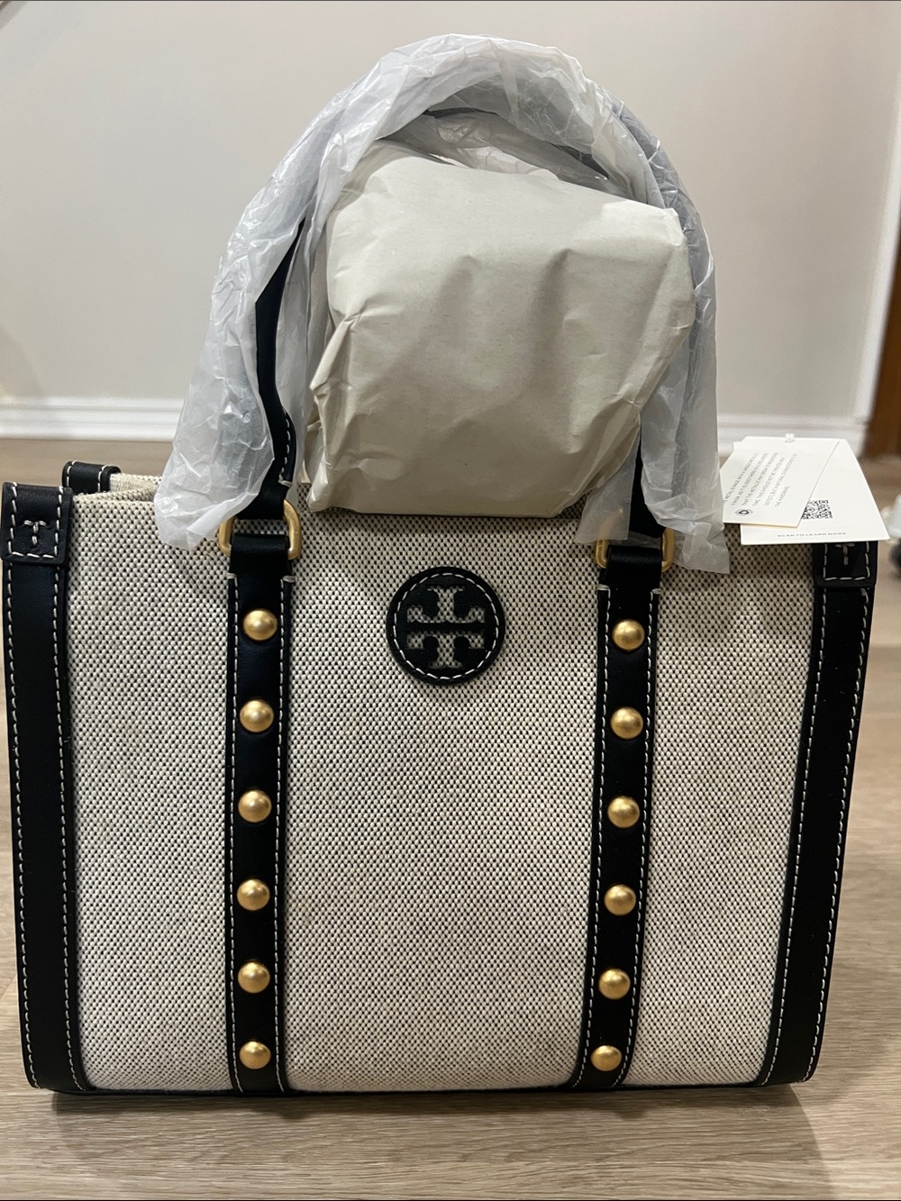Tory Burch Black and Cream Canvas Tote with Gold Studs